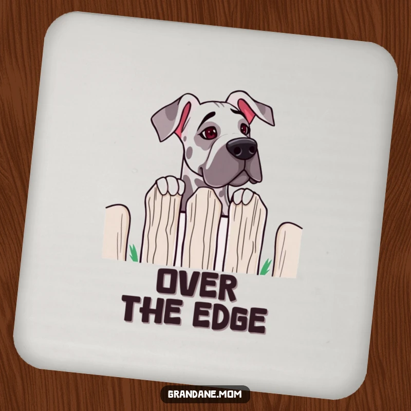 Funny Grand Dane Fence Peek Coaster: a big dog peeks over a fence; protects surfaces with humorous, curious flair.