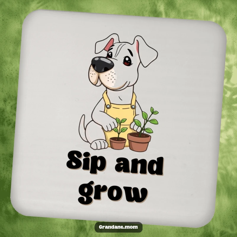 Funny Grand Dane in a gardening apron tending a minuscule sprout, depicted on a protective drink coaster.