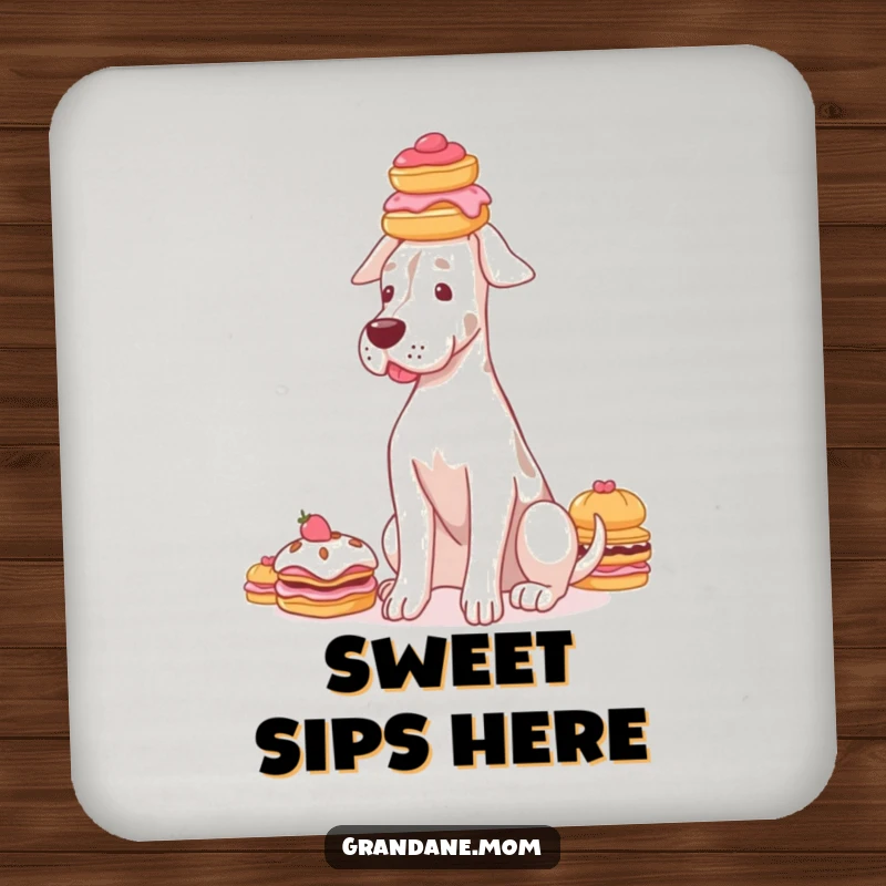 Funny Grand Dane coaster featuring a graceful dog balancing a stack of delicate pastries on its head, protecting surfaces.