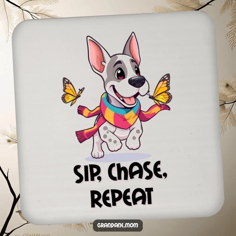 Funny Grand Dane drink coaster showing a cheerful dog in a scarf chasing a butterfly, protecting surfaces with humor.