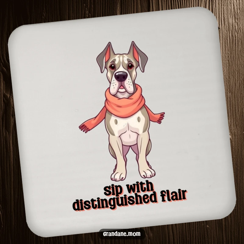 Funny Grand Dane Style Coasters, a proud dog with an elegant scarf, protecting surfaces, a humorous and practical gift.