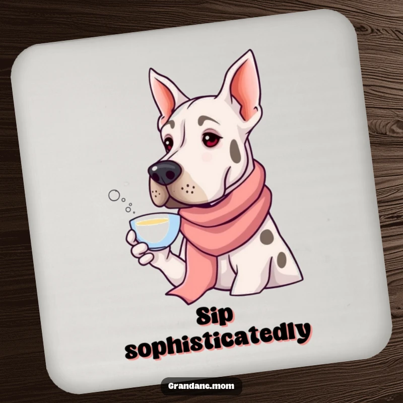 Funny Grand Dane wearing a long silk scarf sipping tea, displayed on protective drink coasters, adding humorous elegance to any table.