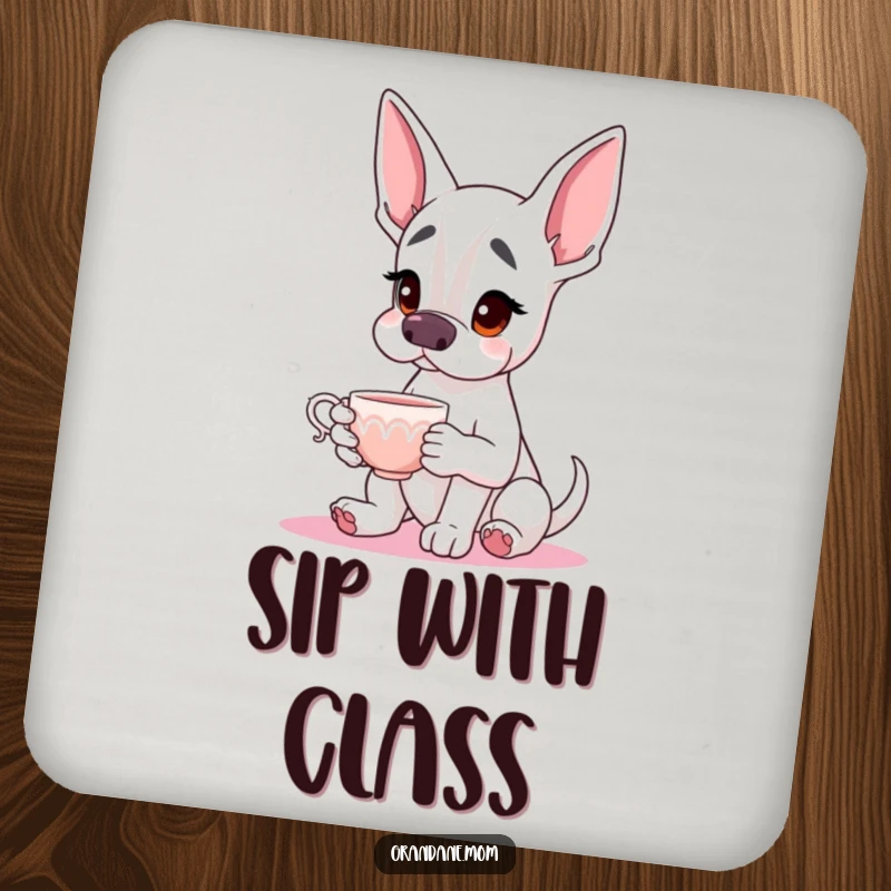Funny Grand Dane Coasters showcasing a graceful dog with a teacup, adding a touch of class and protection.