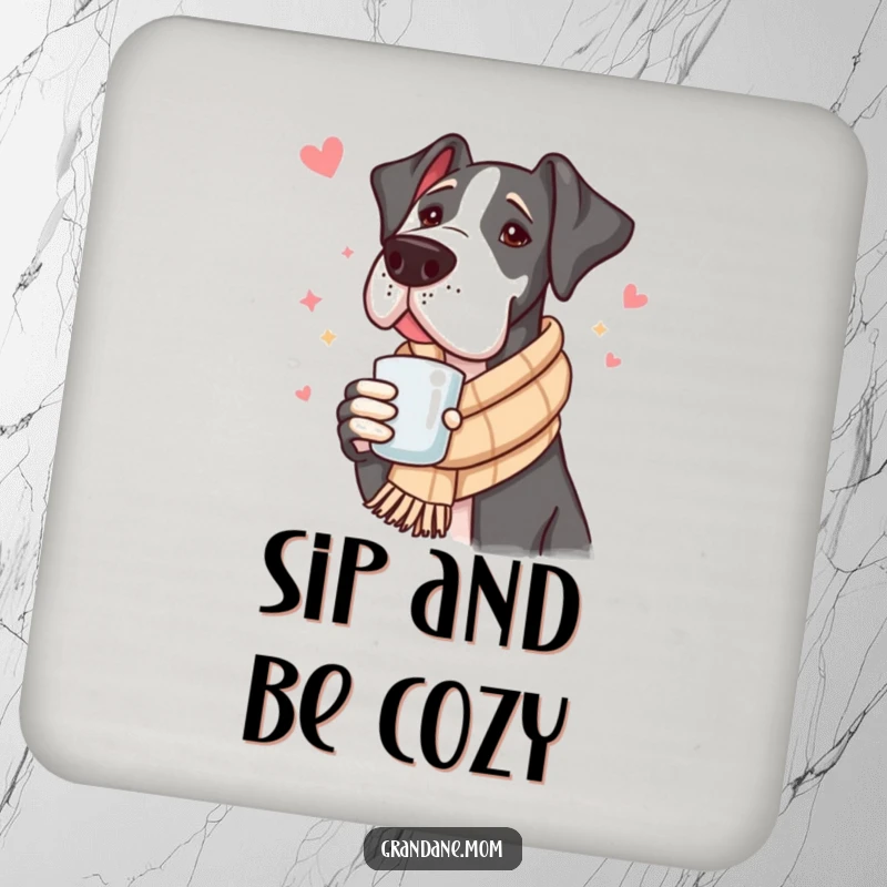 Funny Great Dane Coasters: A set of coasters featuring a dog in a scarf with a warm drink, offering protective humor.
