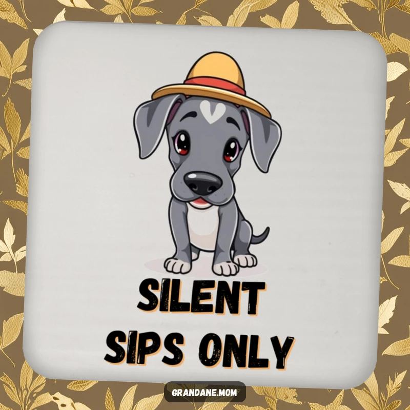 Funny Kawaii Great Dane coaster: an adorable dog in an elegant hat is tiptoeing cautiously, offering protection with cute, stealthy flair.