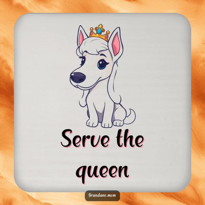 Funny Grand Dane tiara coaster with a large dog wearing a small crown, looking regal, adding humorous protection to surfaces.
