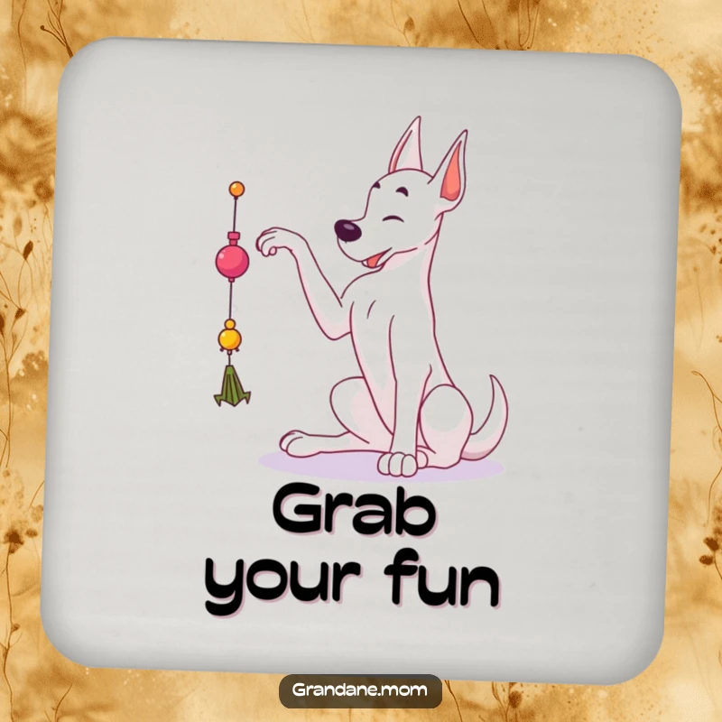 Funny Grand Dane coaster featuring a large dog reaching for a dangling toy, protecting furniture with playful charm.