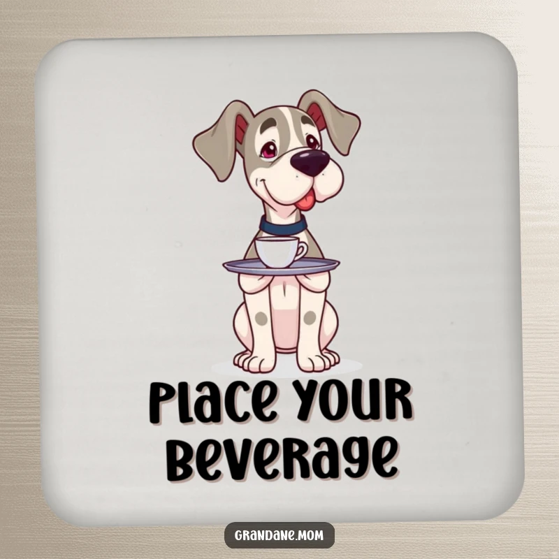 Funny Grand Dane server coaster with a large dog carefully balancing a tray holding one cup, adding humorous protection to surfaces.