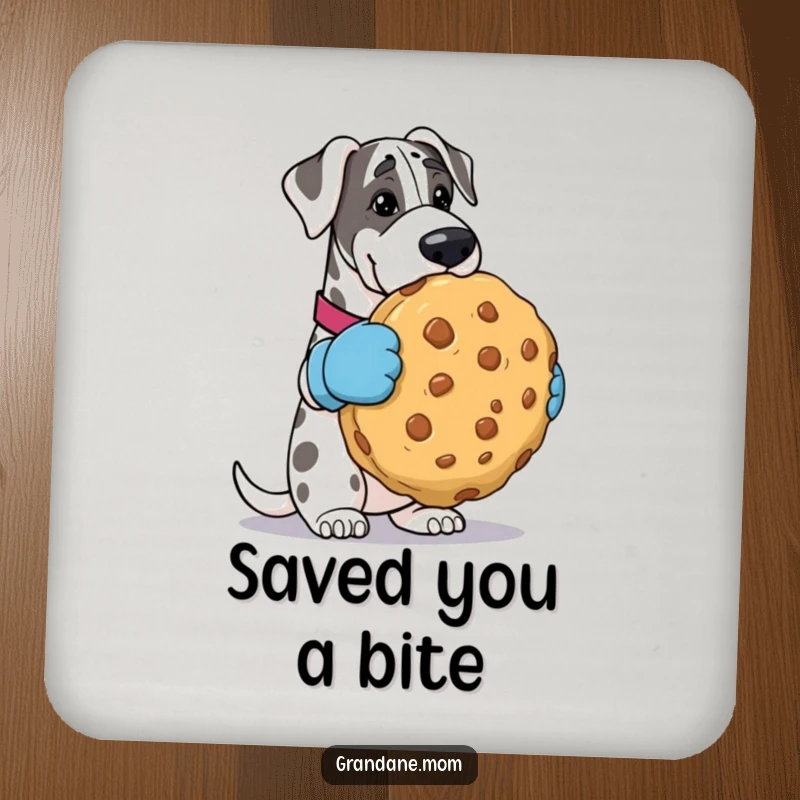 Funny Grand Dane drink coaster, dog in oven mitts holding a giant cookie, a comical and practical addition to any table. Great funny gift.