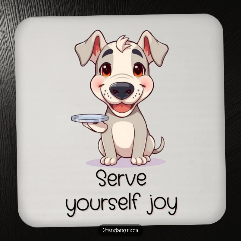 Funny Grand Dane coaster featuring a happy dog balancing a small silver tray, protecting surfaces with joy.