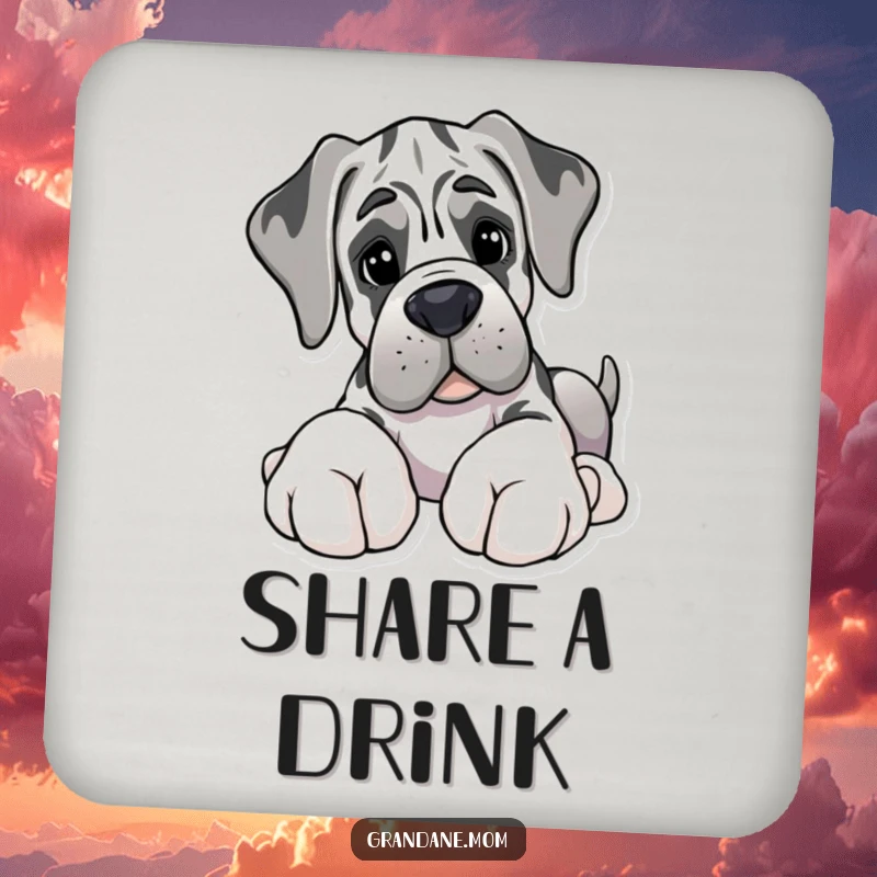 Funny drink coaster with a Grand Dane featuring giant paws gently offering a soft toy, providing gentle table protection.