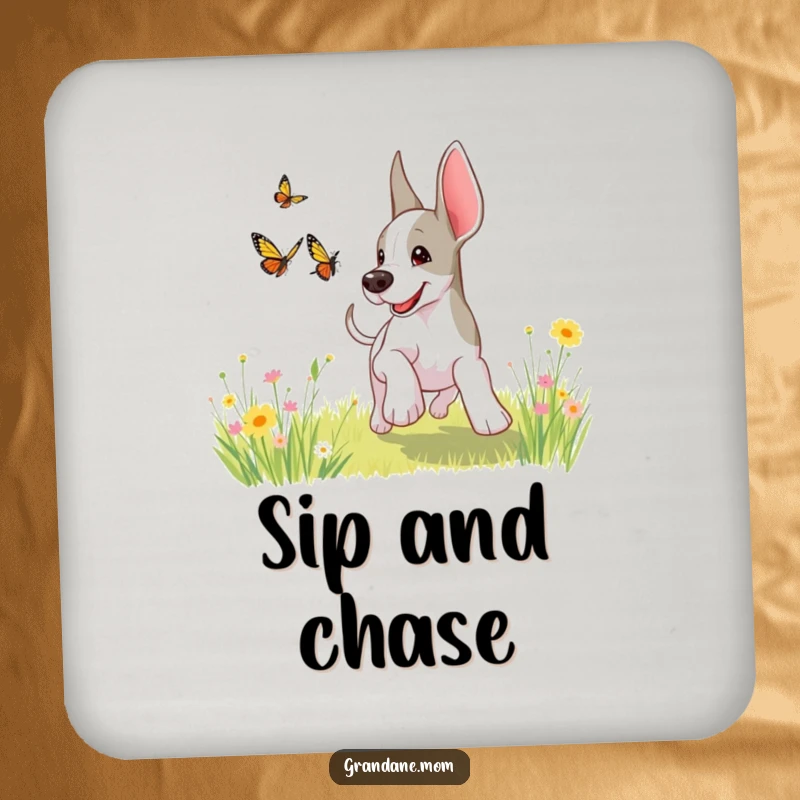 Funny, playful Grand Dane chasing a butterfly in a sunny meadow, protecting your surfaces with doggy charm.