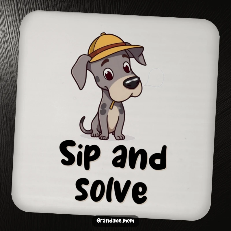 Funny Great Dane detective coasters, a set of drink coasters featuring a dog in a hat, perfect for humorous gifts.