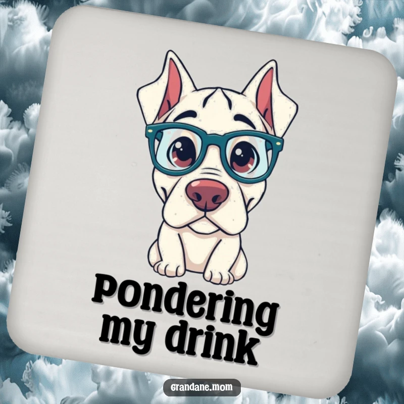 Funny Grand Dane Coaster: A Grand Dane with oversized glasses looks curiously, protecting your drink with humorous intellectual style.