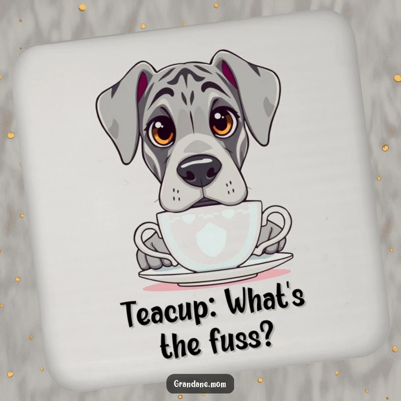 Funny Grand Dane coaster, depicting a dog with large, questionable eyes peeking over the edge of a teacup.