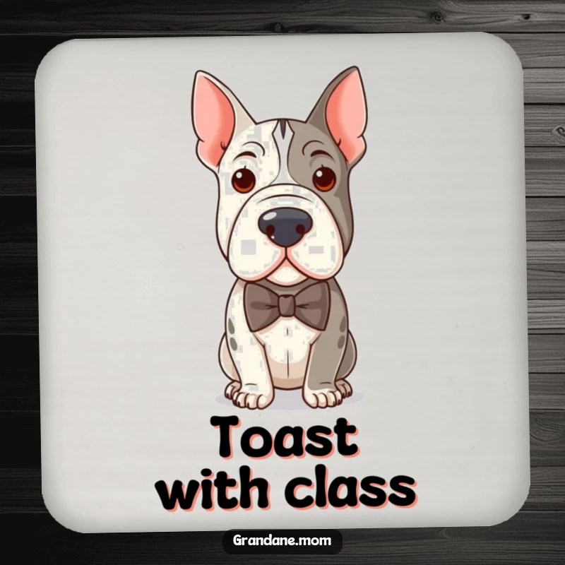 Funny drink coaster with a distinguished Grand Dane wearing a bow tie, protecting surfaces with witty sophistication.