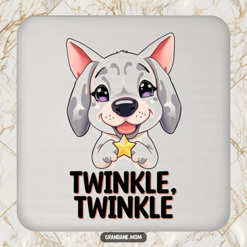 Funny Grand Dane coaster, drink accessory featuring a happy dog holding a small, twinkling star, protects surfaces.