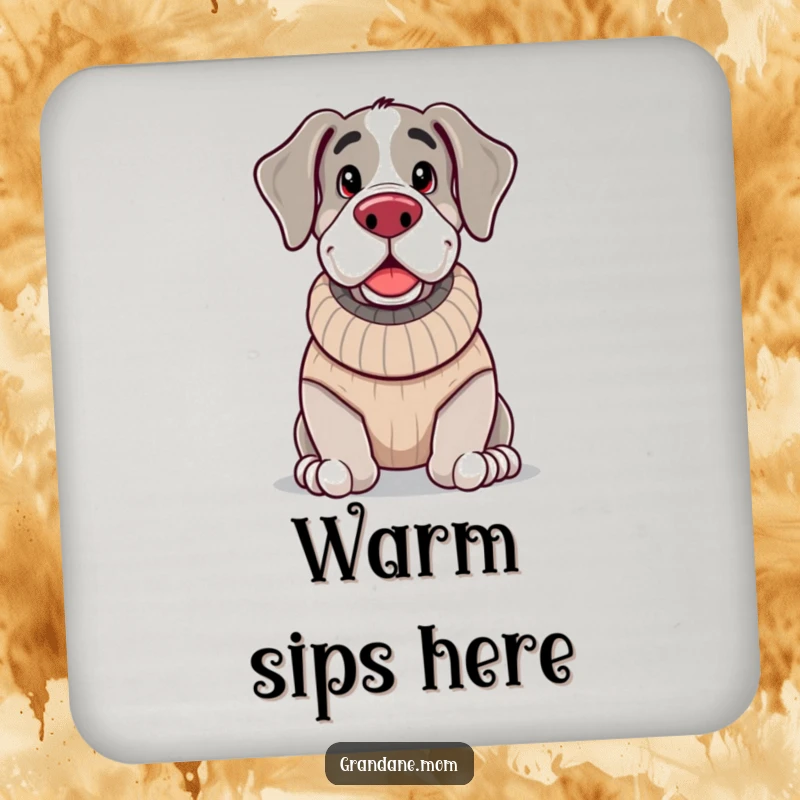 Funny, jolly Grand Dane wearing a knitted sweater and looking cozy, protecting your surfaces with warmth.