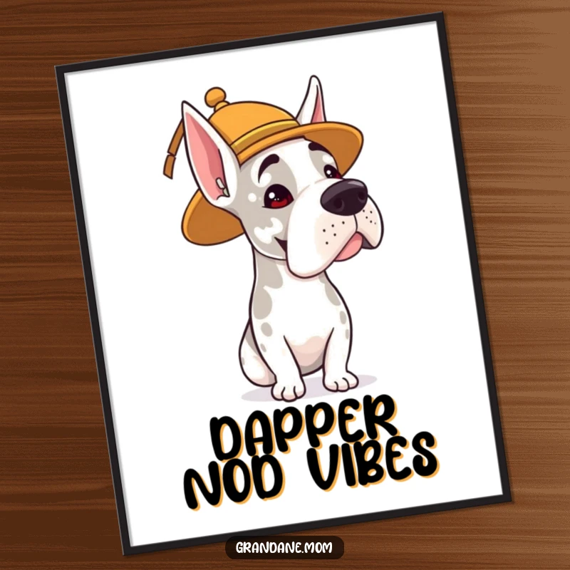 Funny poster art of a Grand Dane wearing a whimsical hat and giving a gentle, humorous head nod.