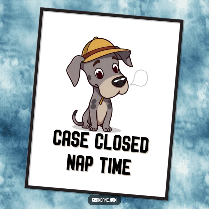 Funny Great Dane detective poster depicting a dog in a hat looking at a clue, ideal for wall art and gifts.