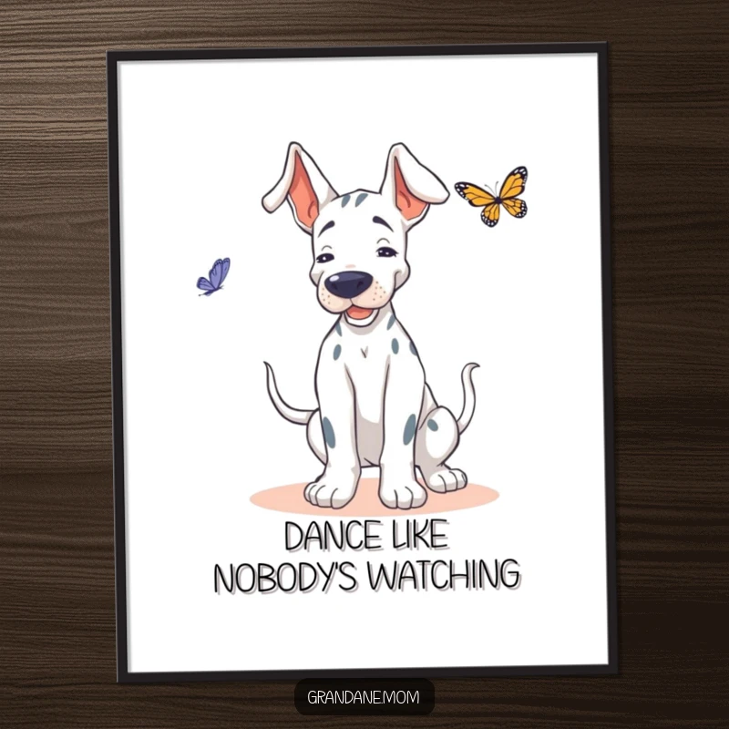 Funny Grand Dane poster, a dog doing a happy wiggle, trying to dance elegantly with a butterfly.