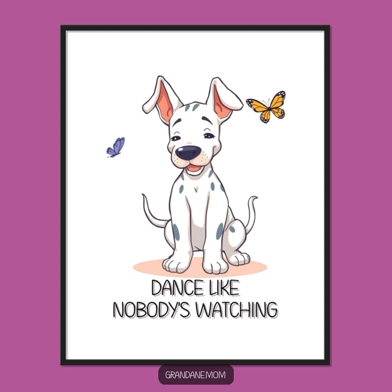 Funny Grand Dane Butterfly Poster: Joyful Dog Art Print, Whimsical Funny Gift