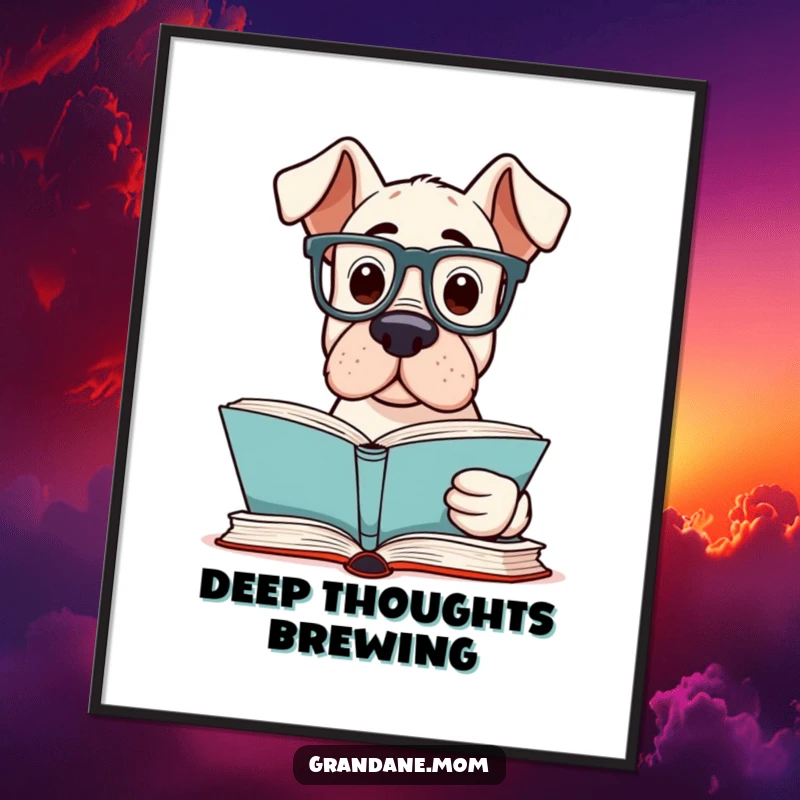 Funny Grand Dane Reader Poster showing an intelligent Grand Dane dog with reading glasses, intently studying a book.