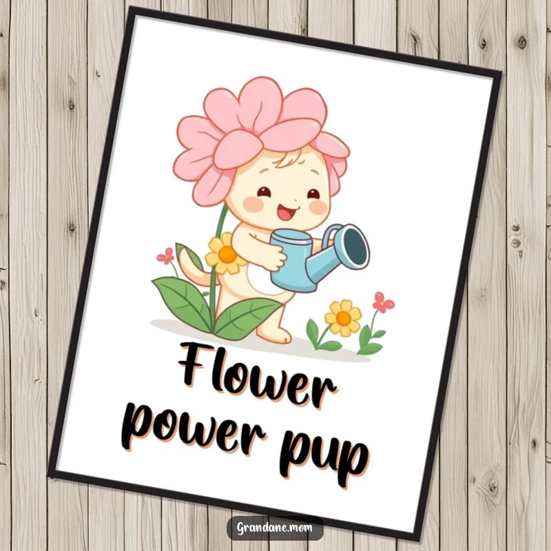 Funny daniff poster, a cheerful dog holding a watering can while tending a large flower, symbolizing nature's beauty, a lovely funny gift.