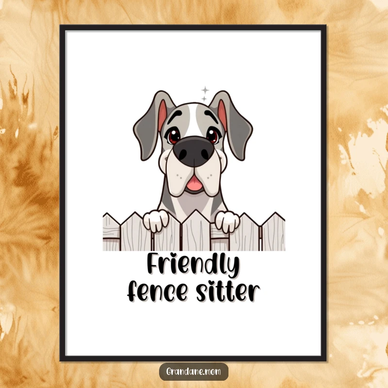 Funny Grand Dane fence poster, a delighted giant dog peering over a fence with a friendly expression, full of curiosity.
