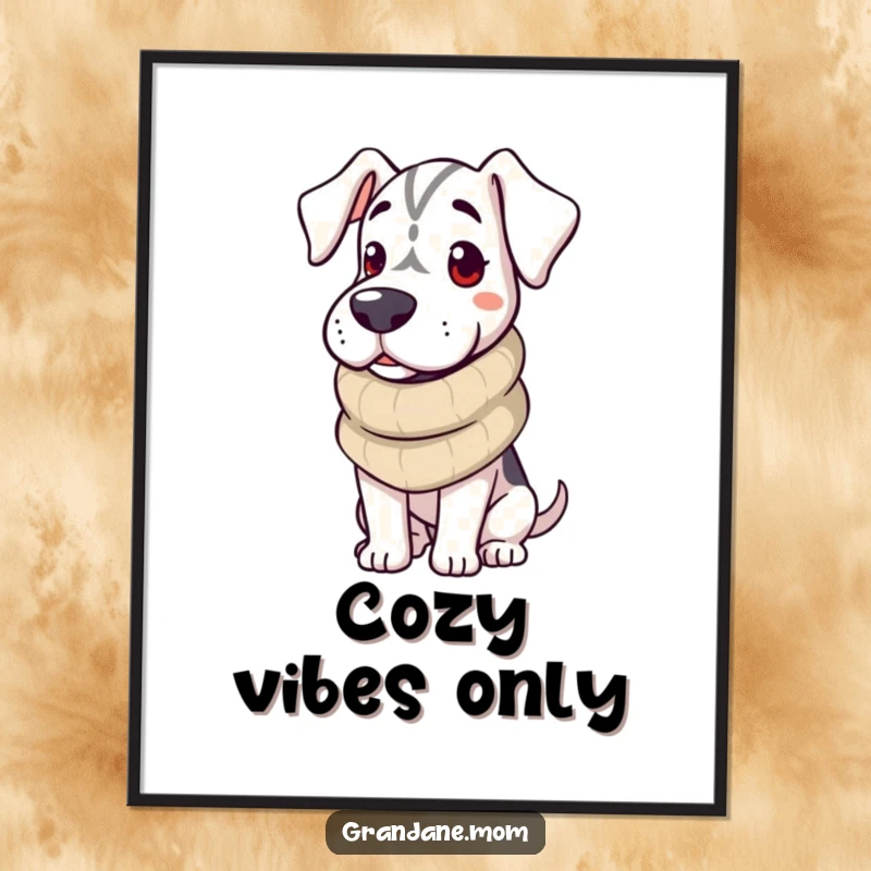 Funny Grand Dane Poster of a dog looking warm and inviting, wearing a cozy knitted scarf, perfect for winter decor.