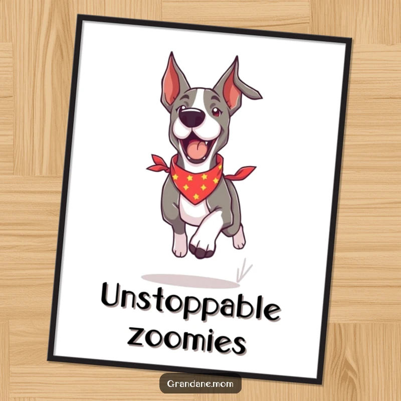 Funny Grand Dane poster art of a dog in a bandana running with incredible speed and playful, happy energy.