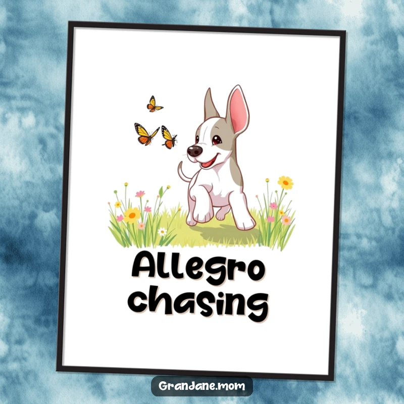 Funny, oversized Grand Dane playfully chasing a butterfly in a vibrant, sunny meadow, capturing pure doggy bliss.