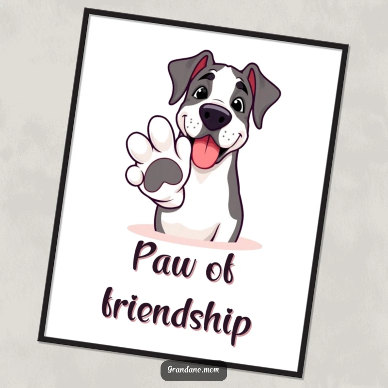 Funny Grand Dane poster, a smiling giant dog offering a large paw for a handshake, radiating pure friendliness.