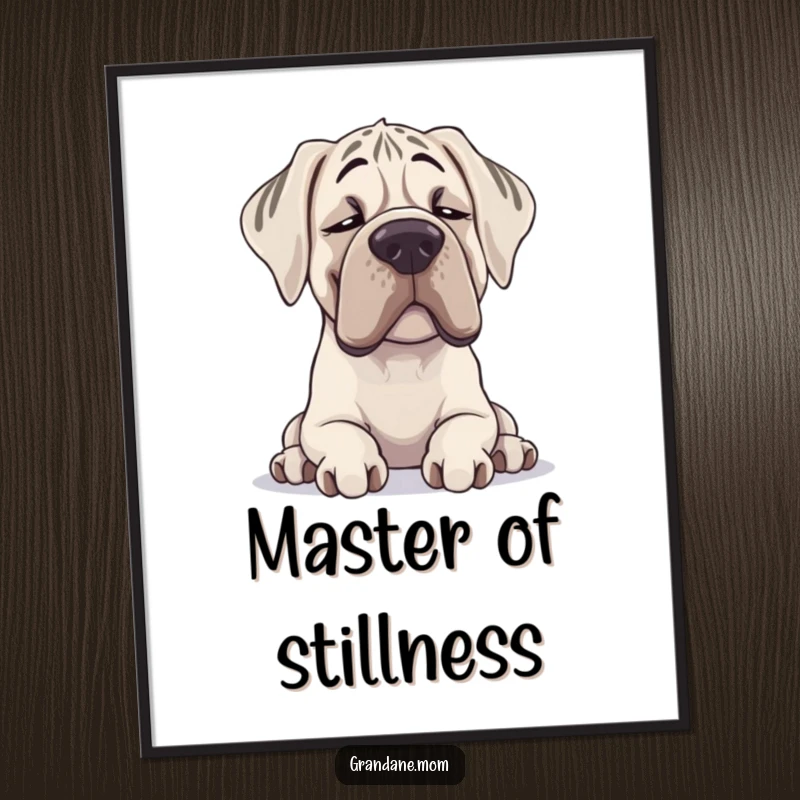 Funny Grand Dane poster depicting a large dog in a contented sigh, resting its head, adding humor to wall decor.