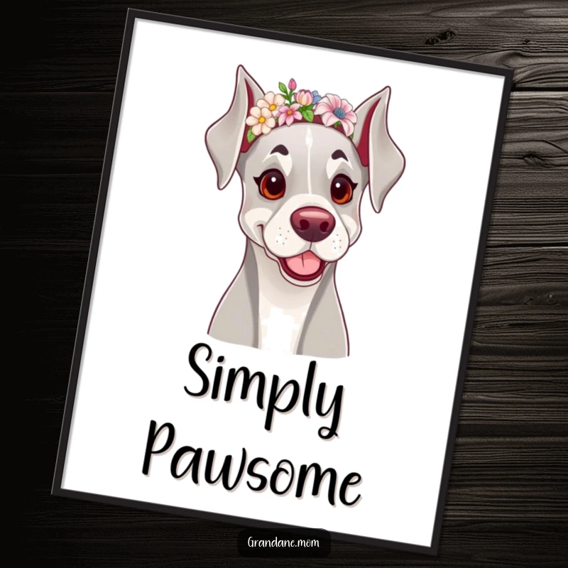 Funny poster of a happy Grand Dane dog adorned with a dainty floral headband, radiating elegance and charm.