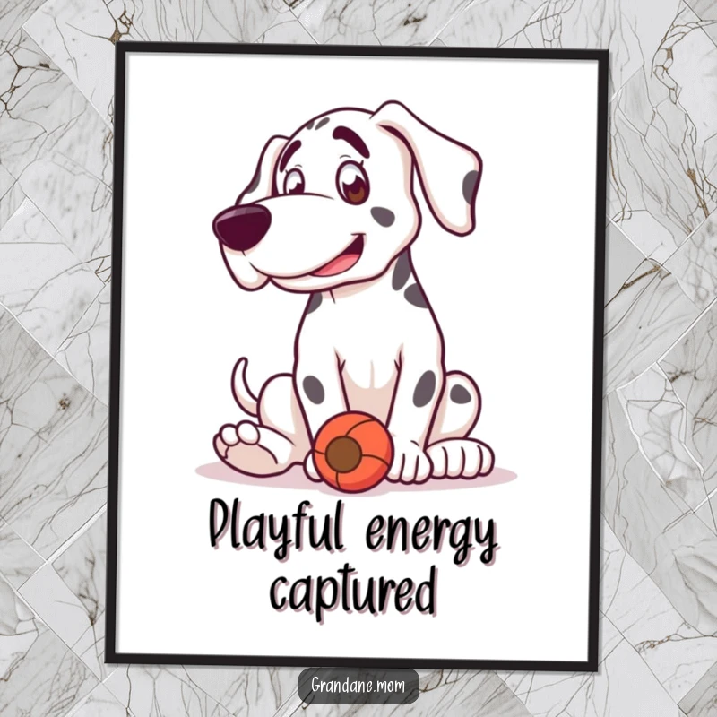 Funny Grand Dane poster depicting a dog in a playful bounce, joyfully engaging with a toy.