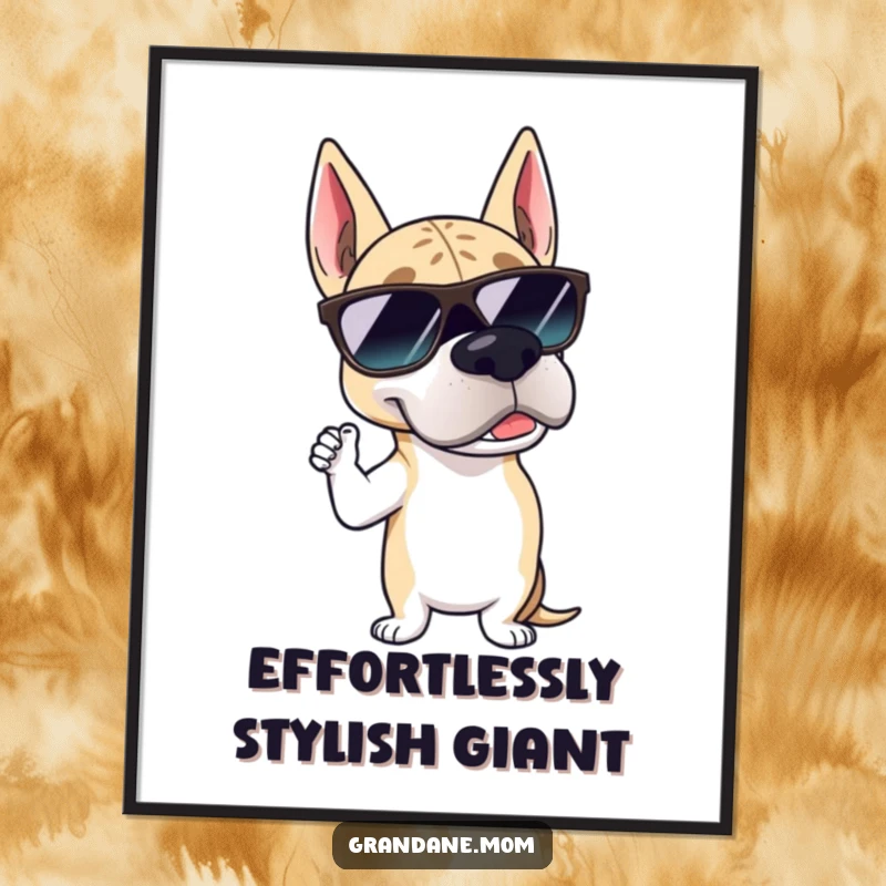 Funny Grand Dane sunglasses poster art of a large dog in stylish shades, posing with undeniable suave coolness.
