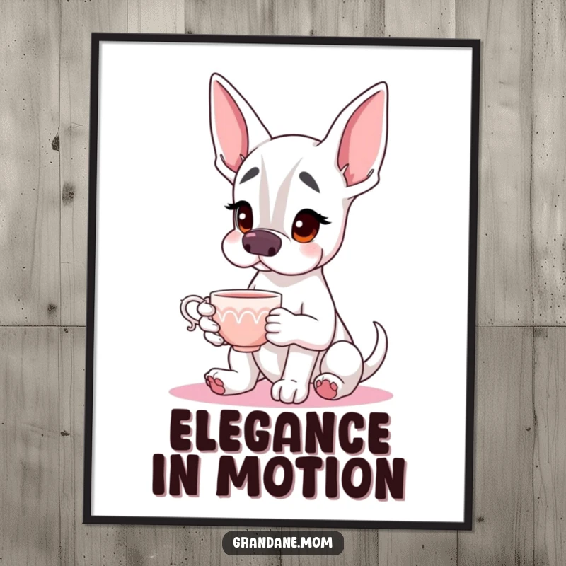 Funny Grand Dane Poster showing a gentle giant elegantly holding a teacup, perfect for adding whimsical charm to walls.