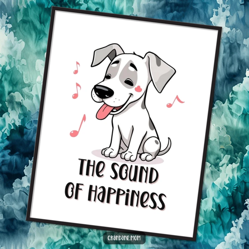 Funny Great Dane musician poster showing a large dog humming a joyful tune, with a prominent musical note symbol.