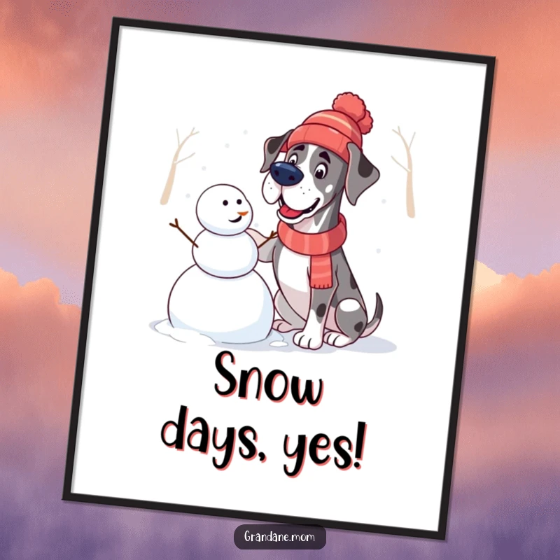 Funny Great Dane Poster: A Great Dane in a winter hat excitedly builds a snowman, bringing playful winter art indoors.