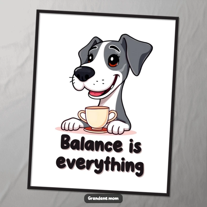 Funny Poster captures a Great Dane's incredible balance, a teacup delicately poised on its nose, bringing smiles.