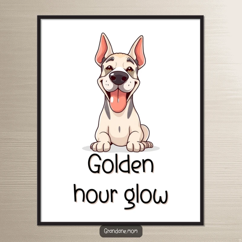 Funny Grand Dane poster illustrating a happy, panting dog basking in the sun, adding cheerful decor.