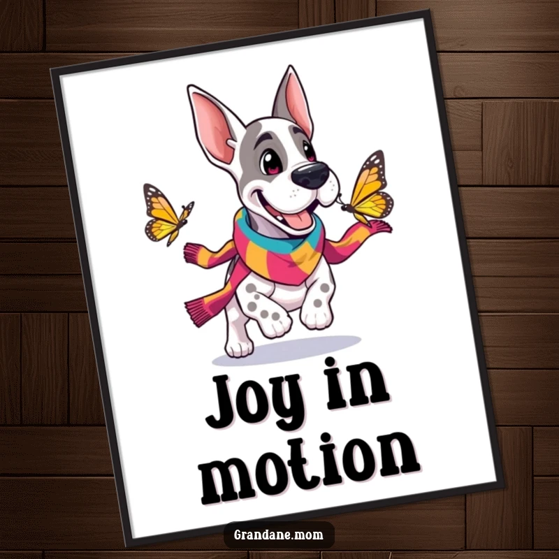 Funny Grand Dane poster artwork depicting a cheerful dog in a scarf joyfully chasing a butterfly, adding whimsical decor.