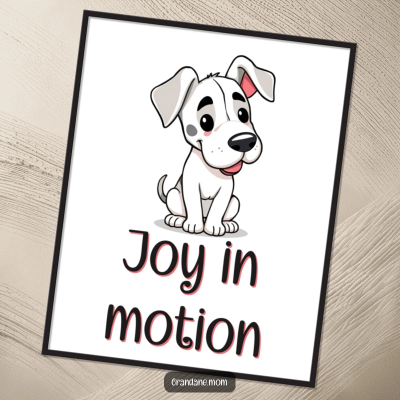 Funny poster art of a happy Grand Dane dog with large floppy ears, its tail wagging slowly in a picture of pure bliss.