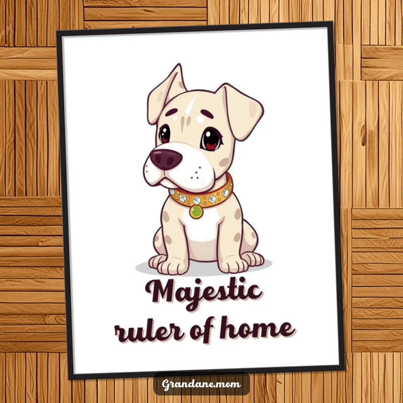 Funny Grand Dane poster artwork, the dog is wearing a glittering collar, looking regal and observant. Great funny gift for pet owners.