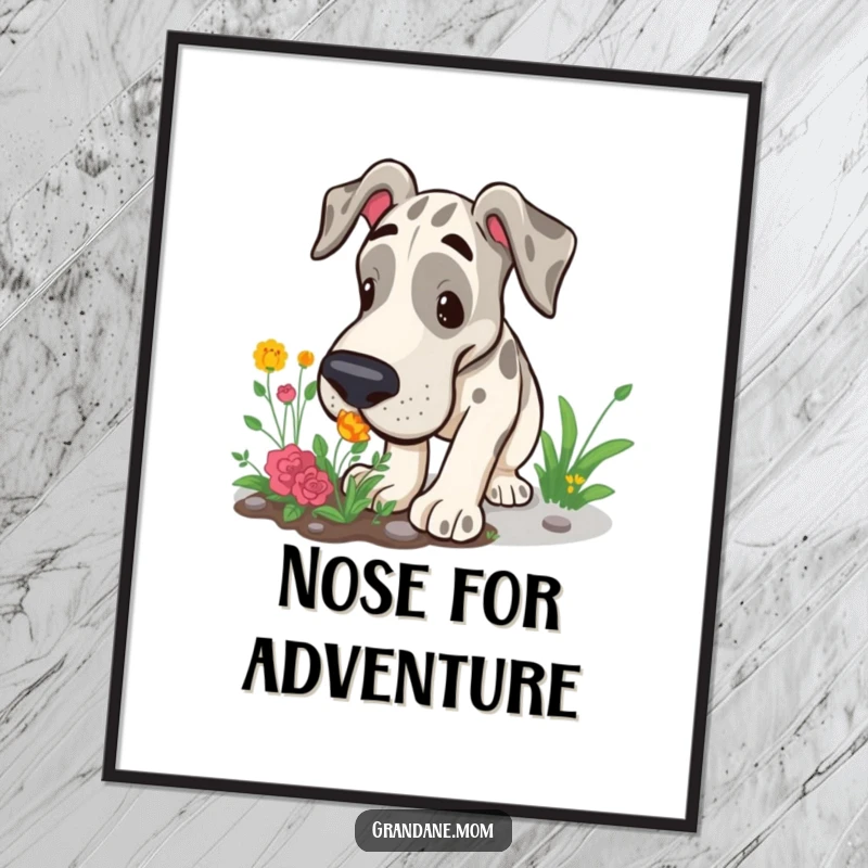 Funny Grand Dane poster showing a large dog curiously sniffing a small garden patch, capturing a moment of joyful exploration.