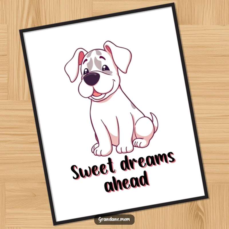 Funny poster art of a Grand Dane with a sweet expression, happily curled up, embodying peaceful relaxation.