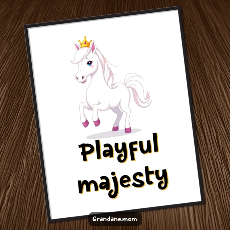 Funny Grand Dane dog wearing a tiara, prancing playfully on a poster, symbolizing joyful canine royalty and humor.