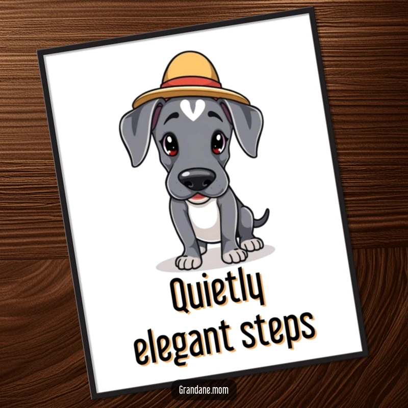 Funny Kawaii Great Dane poster: an adorable dog in an elegant hat is tiptoeing cautiously, adding a touch of cute and humorous stealth to decor.
