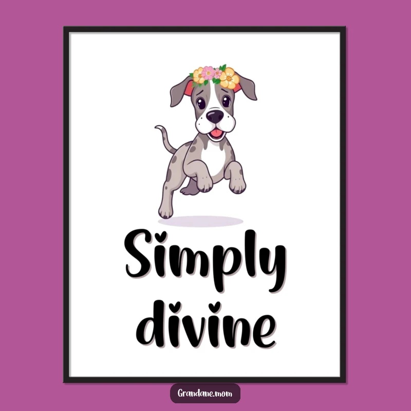 Funny Great Dane Flower Headband Poster: A Prancing Pup's Joyful Art, Whimsical Funny Gift